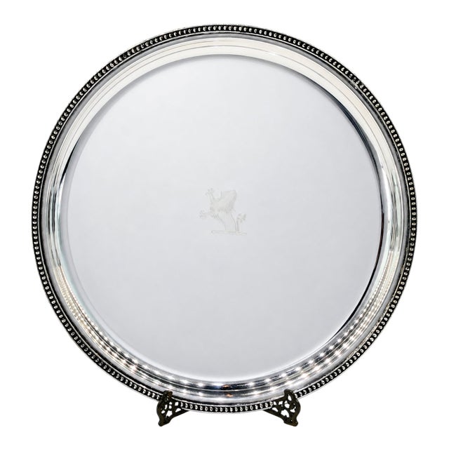 Vintage Prill Silver Co. 12" Silverplate Gallery Tray With Lion Crest, Beaded Rim & Paw Feet For Sale