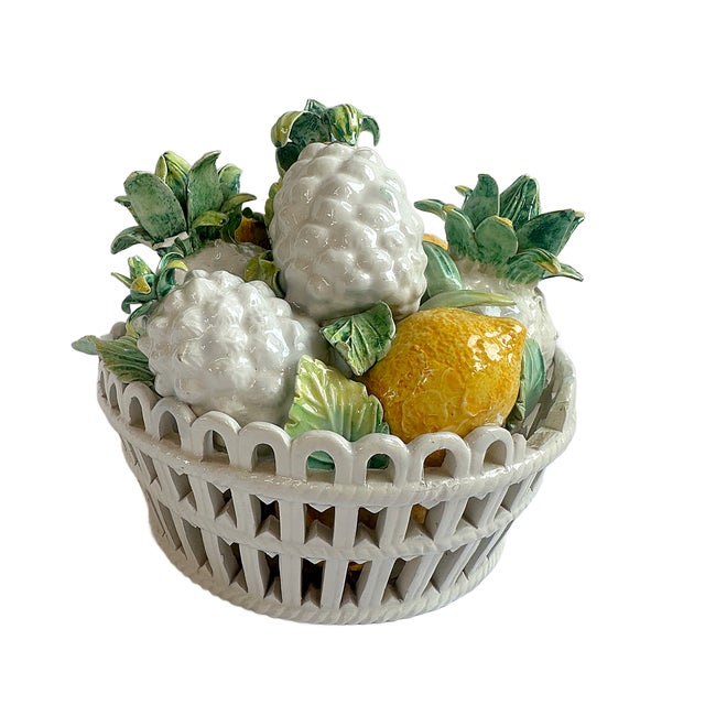 Ceramic 1970s Large Italian Majolica Trompe l'Oeil Tropical Fruit Basket Basket For Sale - Image 7 of 7