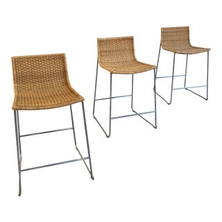 3 McGuire Sling Counter Stools, Wicker and Chrome For Sale