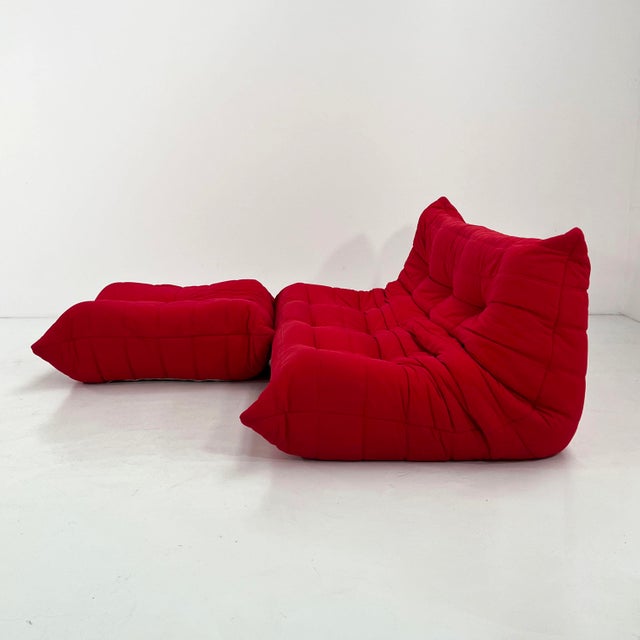 Animal Skin Set of Red 3-Seater Togo Sofa & Ottoman by Michel Ducaroy for Ligne Roset, 1970s For Sale - Image 7 of 17