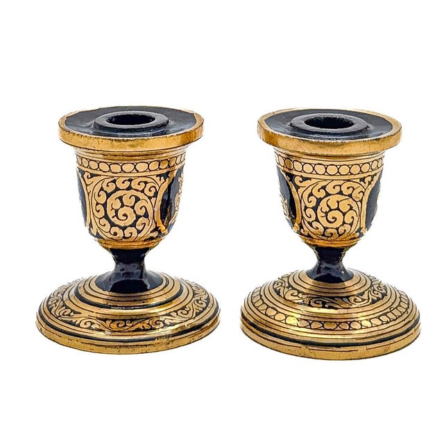 Mid 20th Century Mid-20th Century Burmese Lacquer Candlesticks and Serpentine Tray, Shwe Zawa Gold Leaf, Set of 3 For Sale - Image 5 of 10