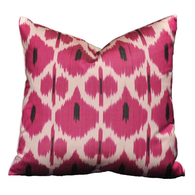 Textile Magenta & Black Ikat Silk Geometric Down-Filled Square Pillow For Sale - Image 7 of 7