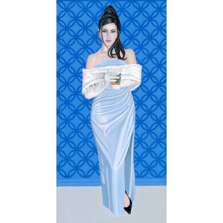 Coffee by Suzy Smith | Oil Painting of a woman in a blue dress holding a coffee cup For Sale