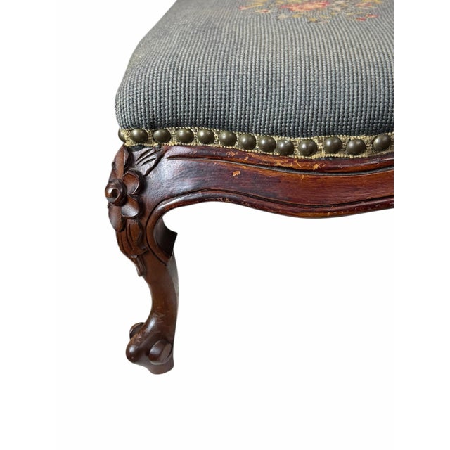 Vintage French Country Louis v Style Carved Wooc Needlepoint Footstool Ottoman Nailhead Detail For Sale - Image 4 of 5