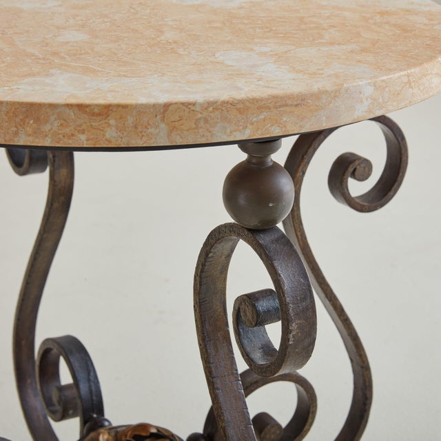 Neoclassical Wrought Iron Side Table with Peachy Marble Top, France 1940s For Sale - Image 3 of 11