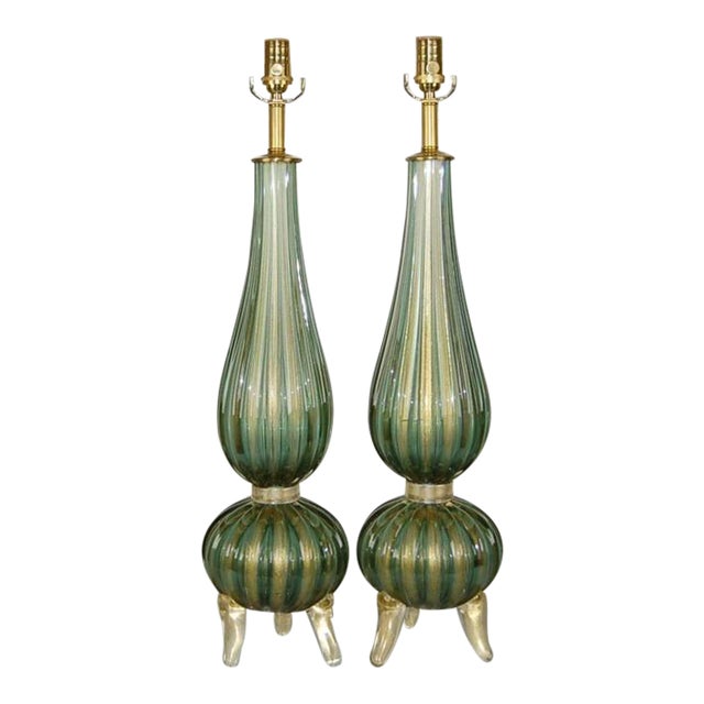 Murano Glass Footed Table Lamps in Green and Gold, a Pair For Sale - Image 10 of 10