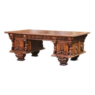 19th C. Italian Renaissance Three-Piece Carved Oak Partner Desk With Leather Top For Sale