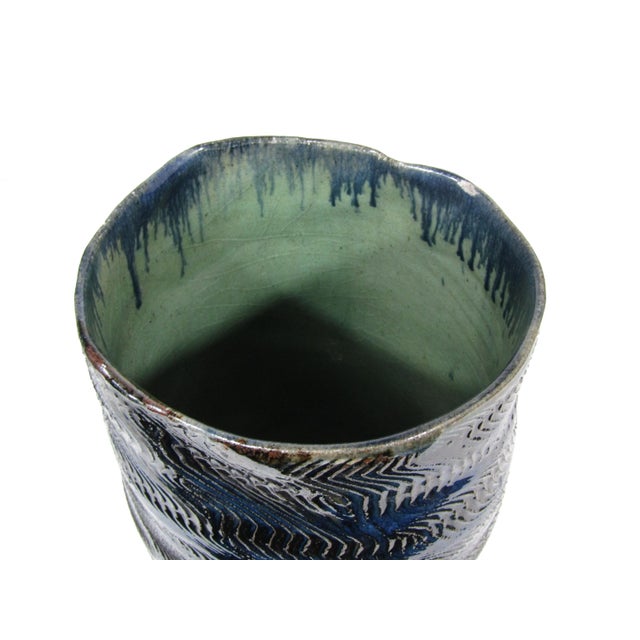 Organic Modern Blue Textured Studio Pottery Vase For Sale In Austin - Image 6 of 9