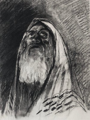 Paul Jeffay, Judaica Jewish Shtetl Etching Hasidic Rabbi, Meditation Vintage Chassidic Print, c.1950's