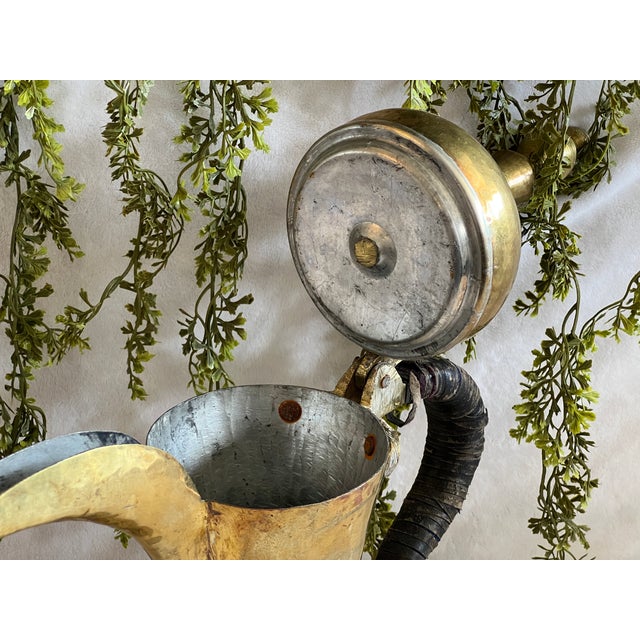 Large Antique Hand Crafted Arabian Dallah Coffee Urn 16" Middle Eastern Brass Plated Coffee Pot Hinged Lid Hand Woven Leather Handle Worn For Sale - Image 13 of 15