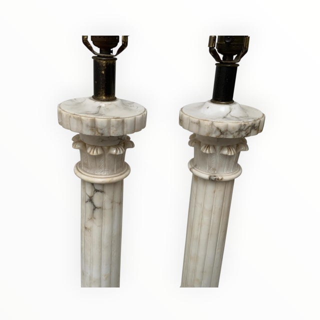 Vintage Italian Neoclassical Alabaster Column Table Lamps With Laurel Wreath Finials - a Pair For Sale In Palm Springs - Image 6 of 9