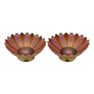 Pair of Boho Brass & Pink Enameled Lotus Bowls by Sarreid Ltd. For Sale