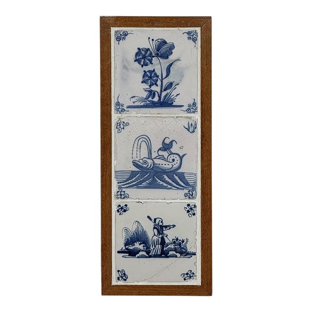 Framed Set of Three 18th Century Dutch Delft Blue and White Tiles For Sale