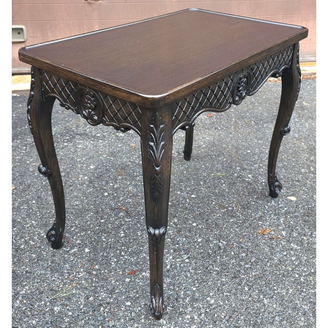 Late 20th Century Pair Louis XV Style Stained Carved Walnut Single Drawer Side Tables For Sale - Image 4 of 12