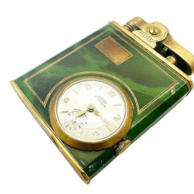 Mid-Century Modern Mid 20th Century German Green Marble German Brass Lighter W/ Watch by Eclydo For Sale - Image 3 of 9