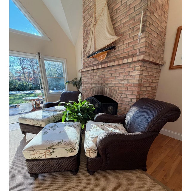 Rattan Lounge Chairs and Ottomans by Hickory Chair Upholstered in Colefax & Fowler, Set of 2 For Sale - Image 10 of 18