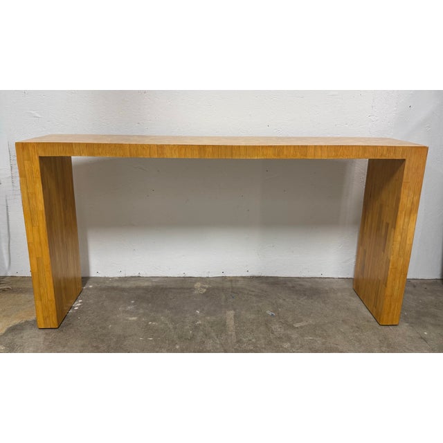 1980s Ron Seff Marquetry Inlay Raffia Wood Console For Sale - Image 5 of 7