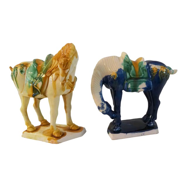 Beautiful set of three vintage majolica Chinese Tang-design war stallions in striking multicolor shades. Great condition...