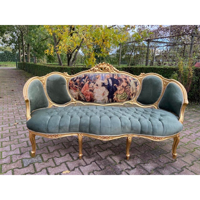 A beautiful living room set that consist of a 3-seater sofa and two bèrgères. All made in unique corbeille form made...