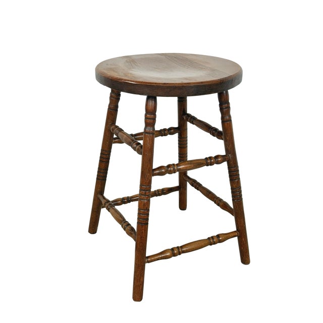 Wood Antique Country Round Wooden Stool With Turned Legs and Stretchers For Sale - Image 7 of 18
