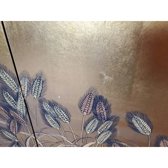 Vintage Japanese Byobu 4-Panel Gold Leaf Folding Screen Hand Painted Wheat Field Signed For Sale - Image 4 of 15