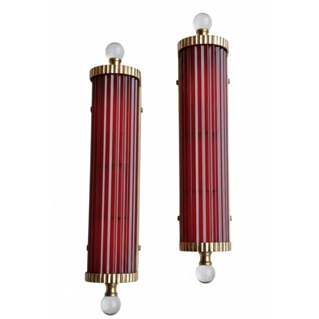 Vintage Skyscraper Art Deco Light Old Lamp Wall Sconces Fixture Brass & Red Glass Rod Ship Light - Pair For Sale - Image 4 of 4