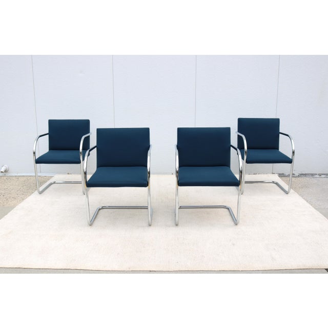 Fabulous set of 4 Brno tubular style chairs in royal blue fabric, by Gordon International. An icon of Modernist classic...