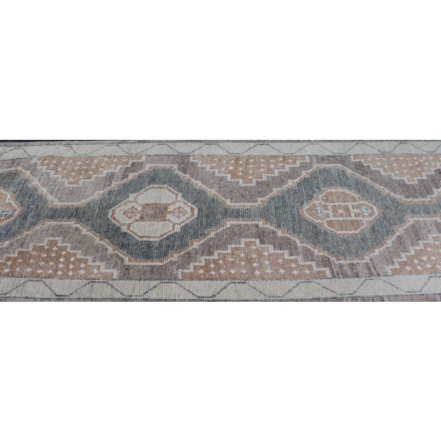 Long Turkish Oushak Runner With Soft Green Field and Beige Medallions For Sale - Image 14 of 16