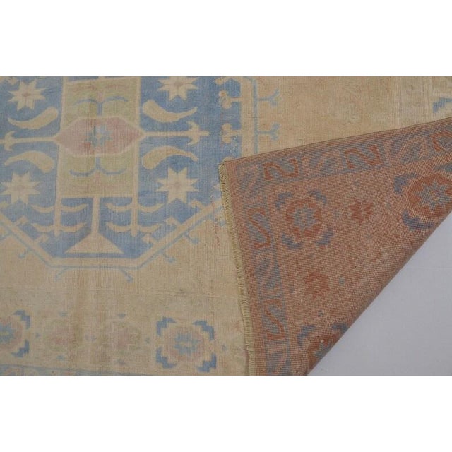 Vintage Anatolian Wool Area Rug, Light Sand Field With Soft Blue Geometric Medallions For Sale - Image 4 of 10