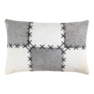 Luxury White & Gray Genuine Cowhide Leather Patchwork Throw Pillow 16x24 | Handmade Designer Lumbar Cushion For Sale
