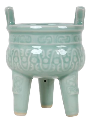 Vintage Celadon Tripod Cauldron With Two Facing Handles, Incense Burner