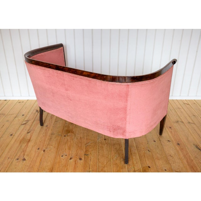 Antique Art Nouveau Edwardian Mahogany Barrel Back 2-Seater Settee Sofa, 1910s For Sale - Image 12 of 18