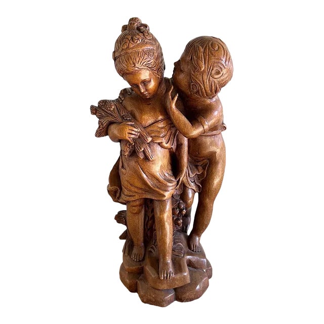 French Walnut Carved Figuritive Sculpture of Boy & Girl For Sale