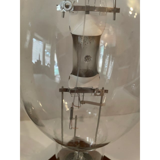 Vintage Retro High Pressure Sodium Industrial Bulb Display on Wood Pedestal Marked "Roost" - Set of 2 For Sale - Image 4 of 8