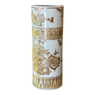 Vintage Chinese Ceramic Yellow and White Floral Umbrella Holder For Sale