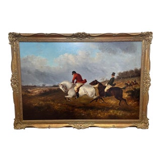 British 19th Century Hunting Charge Grey & Chestnut GallopingHorses Oil Painting Signed Thomas Smythe For Sale