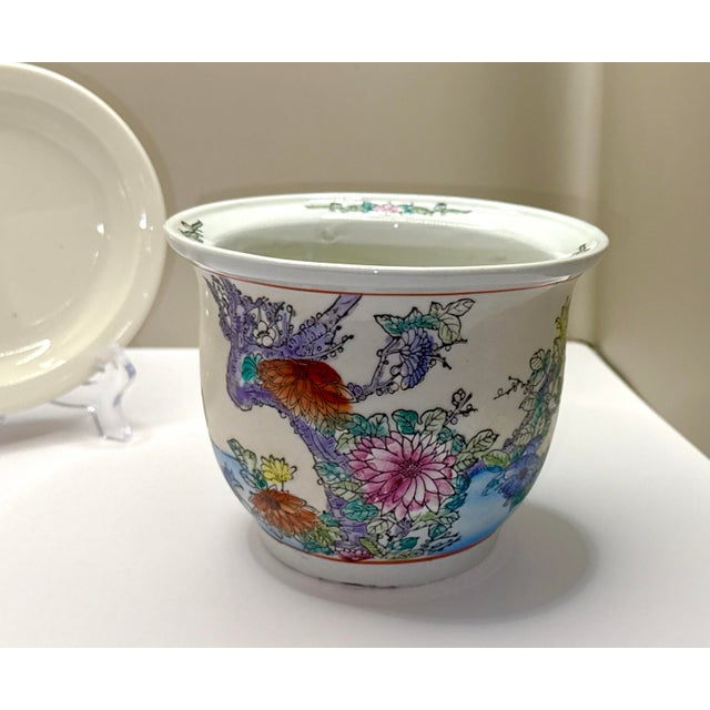 Hand Painted Chinoiserie Porcelain Planter With Lotus Flowers & Cranes For Sale In New York - Image 6 of 12