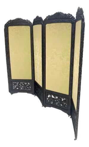 Ebonised Teak & Silk Fine Carved Japanese Asian 4 Panel Screen Room Divider NICE