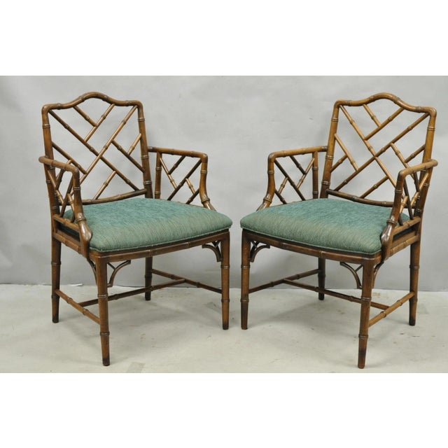Vintage Chinese Chippendale Faux Bamboo Wood Fretwork Dining Arm Chairs - A Pair For Sale - Image 14 of 14