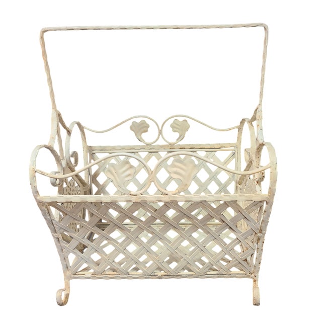 Mid 20th Century Vintage French Shabby Chic Painted White Wrought Iron Magazine Rack For Sale - Image 6 of 6