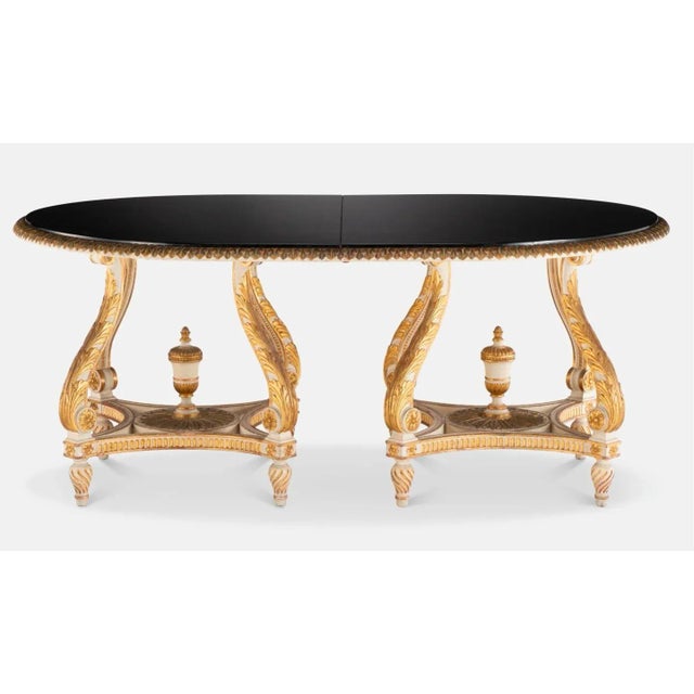 French 1940s French Louis XVI Creamy White Black Gilt Wood Double Pedestal Extension Dining Table by Maison Jansen Paris For Sale - Image 3 of 18