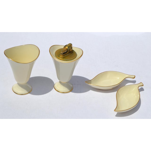 1960s 1960s Set of 4 Lenox Cream Ceramic Lighter Cigarette Holder Two Ashtrays Gold Trim For Sale - Image 5 of 14