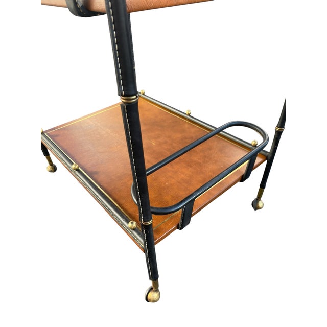 Animal Skin Vintage Stitched Leather Bar Cart by Jacques Adnet, 1950s For Sale - Image 7 of 13