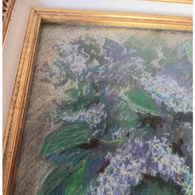 Purple Pastel Floral Painting of Lilacs in Purple Green Gold & White Frame 17" X 14" For Sale - Image 8 of 12