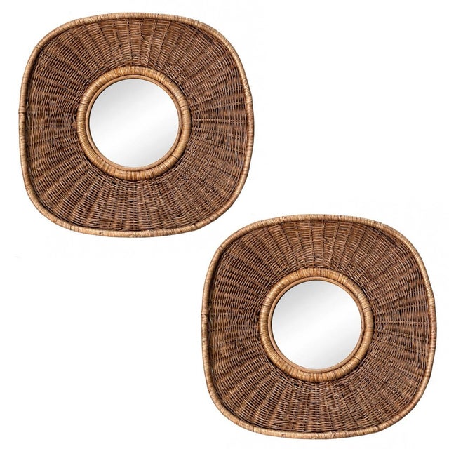 Set of 2: Brand new woven rattan and cane framed round mirrors, beautifully handcrafted with intricate weaving techniques...