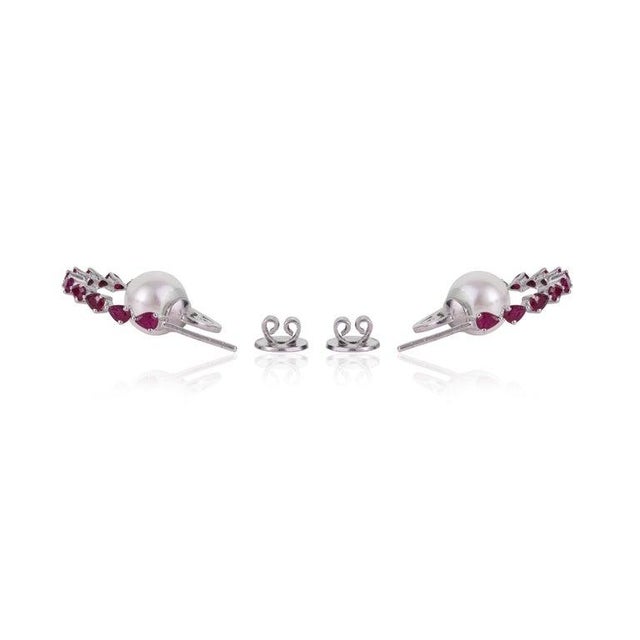 Early 21st Century Natural Ruby & Freshwater Pearl Designer C Hoop Earrings in 925 Sterling Silver, A Pair For Sale - Image 5 of 15