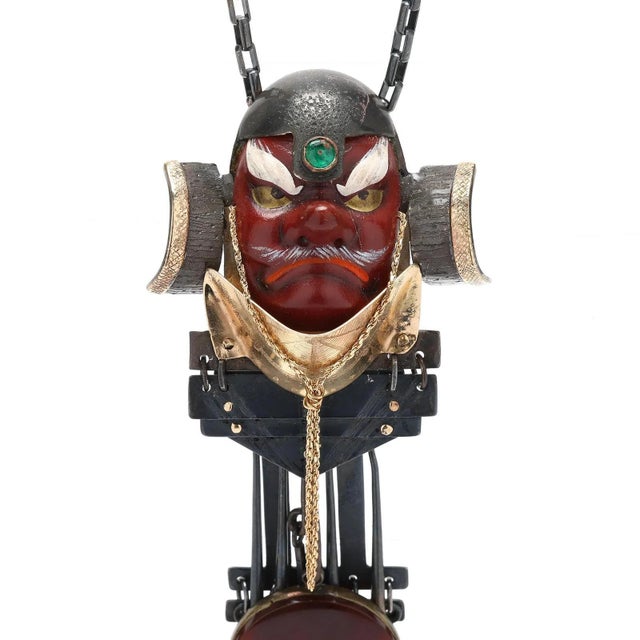 Modern Bespoken Silver and Gold Necklace with Japanese Tengu Mask by Mary Ann Scherr For Sale - Image 3 of 8