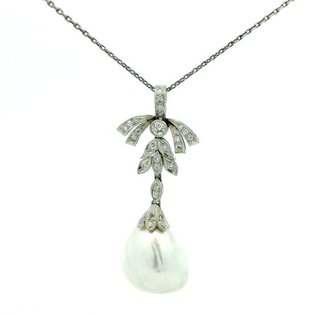 Vintage Platinum Diamond and 18mm Baroque Pearl Drop Necklace For Sale - Image 9 of 11