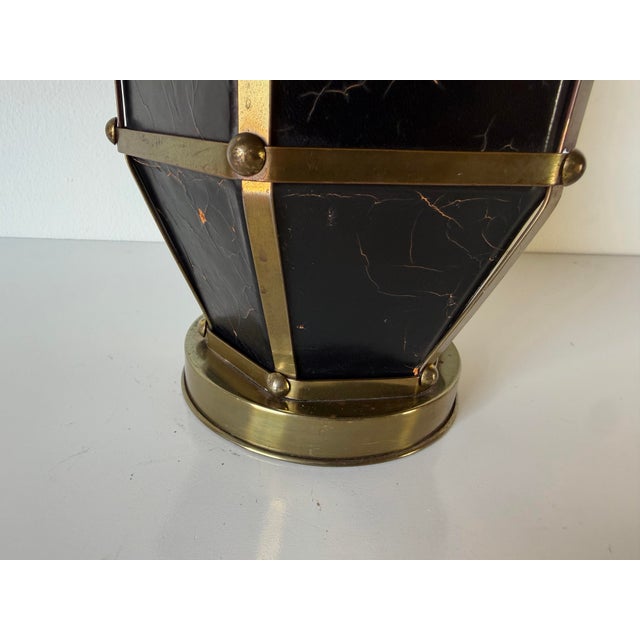 Vintage Hollywood Regency Brass & Black Leather Geometric Table Lamp For Sale - Image 9 of 13