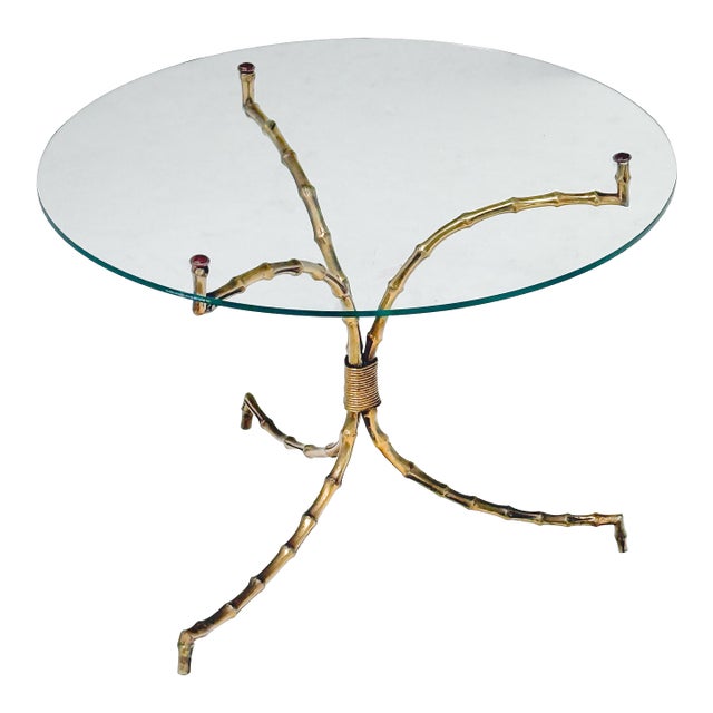 Maison Baguès Cocktail Table With Glass Top Over Faux Bamboo Base of Brass For Sale
